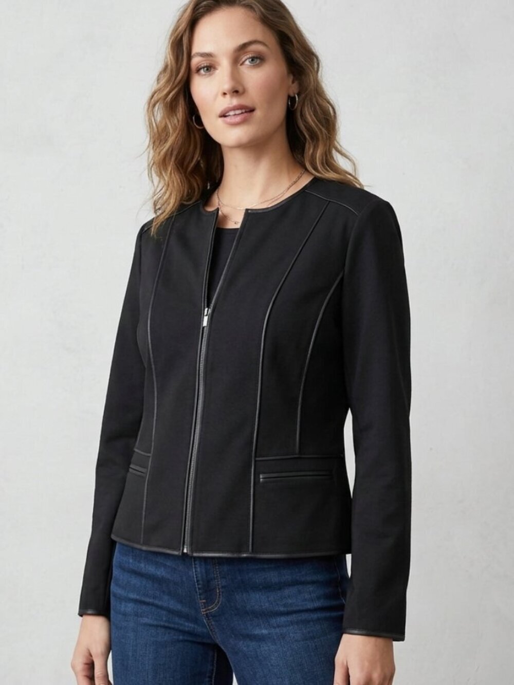 Chicos Black Jacket Blazer Size 2 Round Neck Cropped Sporty Chic Cotton